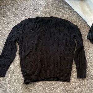 Elegant Black V-Neck Cable Knit Sweater